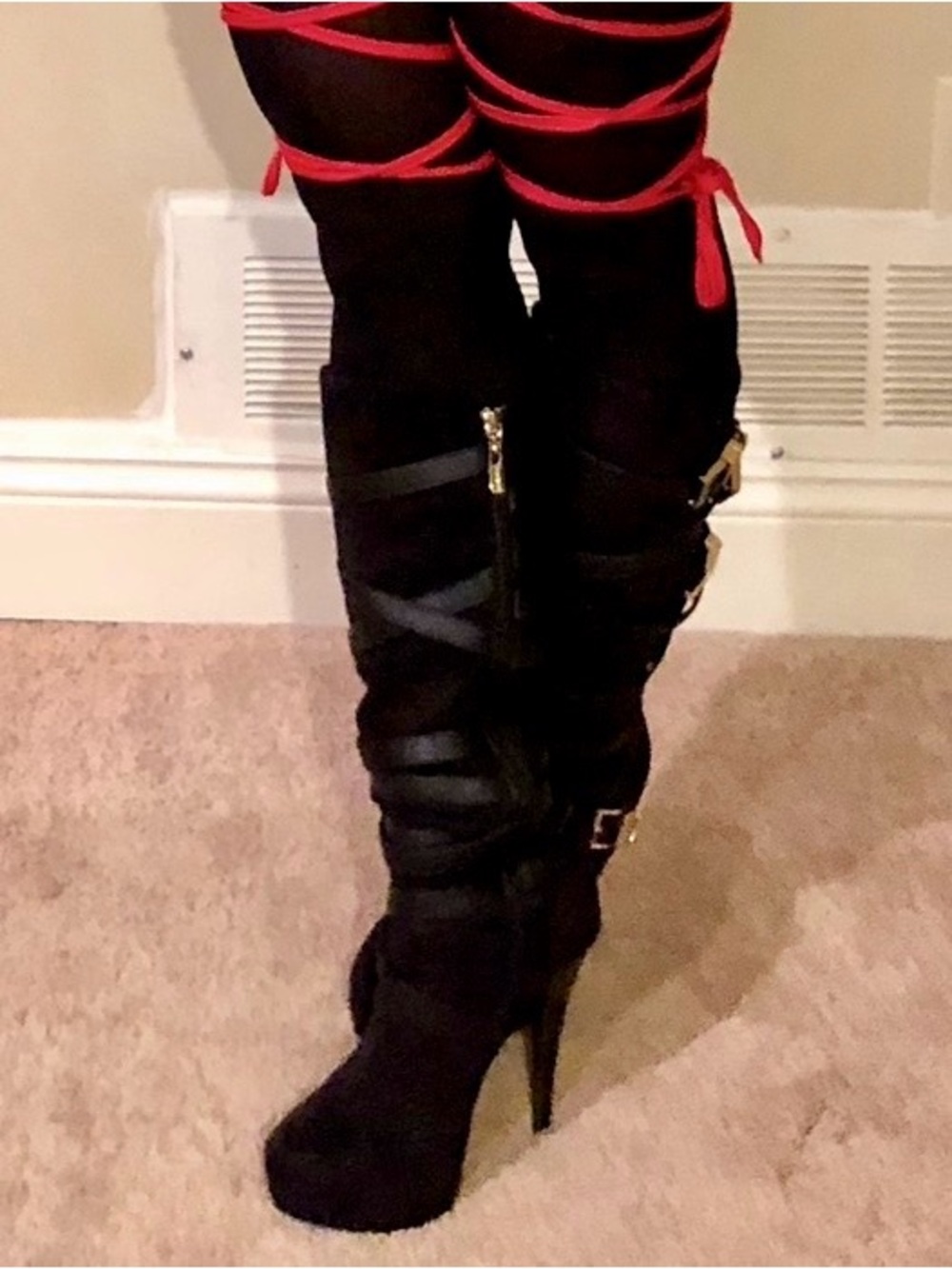 bebe Black Suede Wrap-Strap Stiletto Knee Boots with Gold Accents - Picture 9 of 10